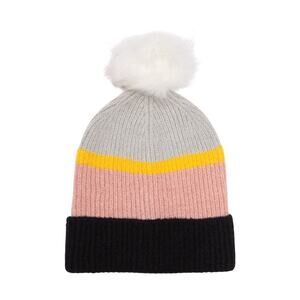 Save the Ocean Colorblock Stripe Faux Fur Pompom Beanie Black Multicolor NEW
